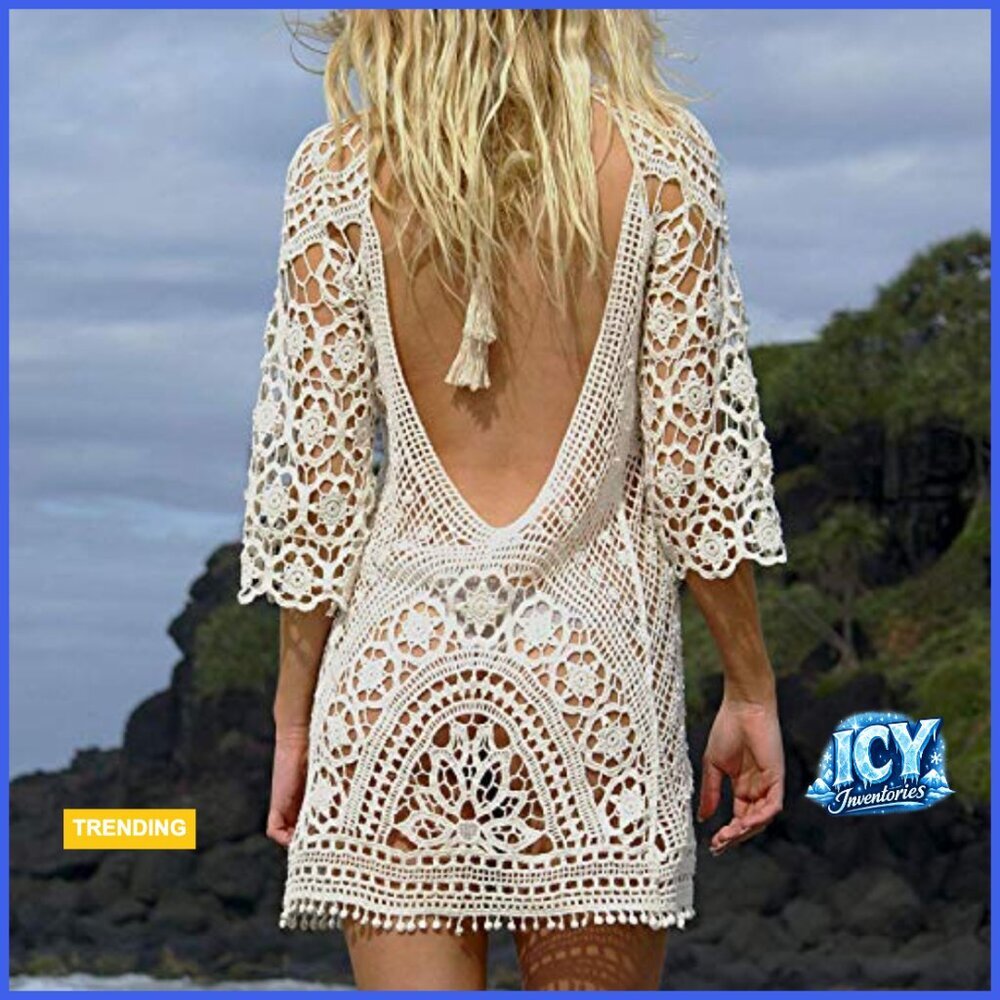 Rayon Crochet Lace Bikini Cover Up Dress with V-Back - Picture 2 of 4